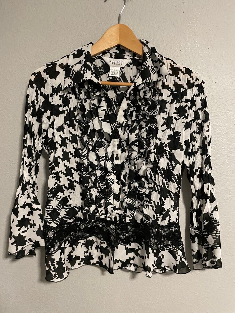 Allison Taylor Womens Top Small Black Abstract Ruffle Lace Avant Garde Wacky Y2K